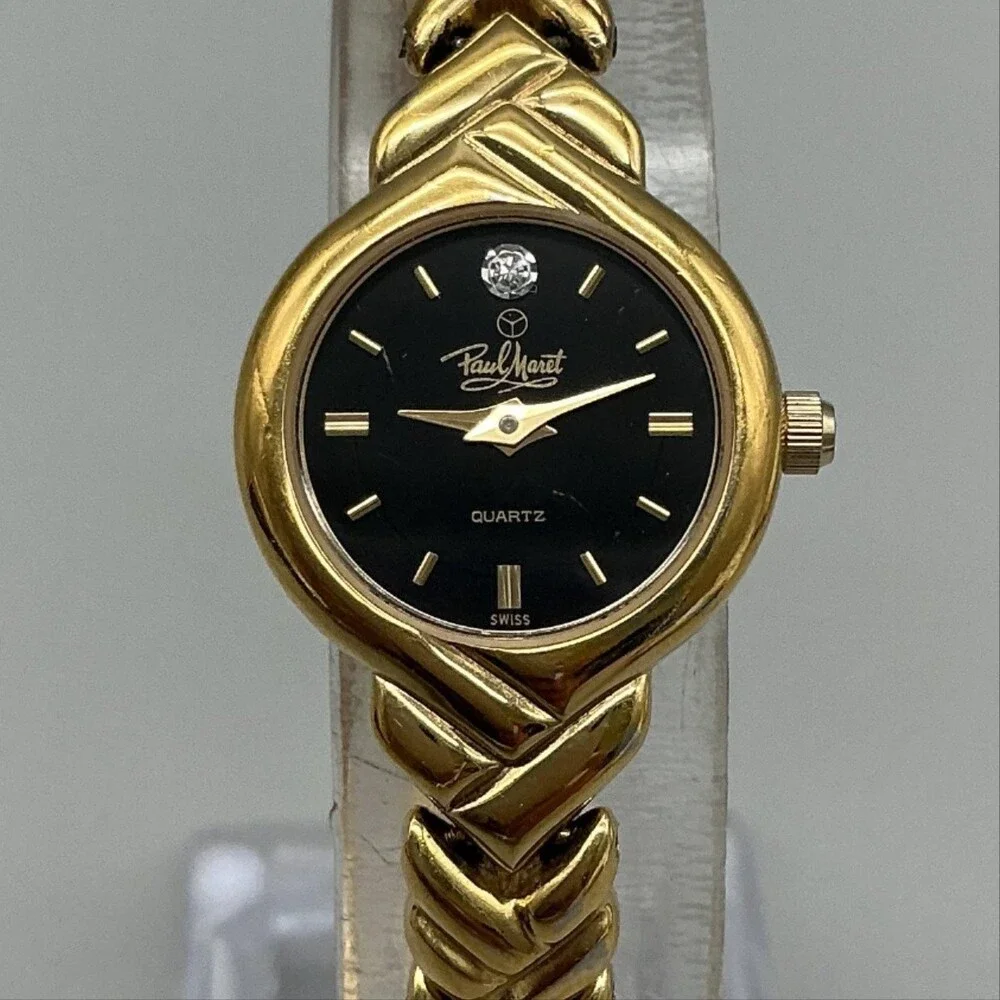 Paul Monet 2164 Womens Watch 19mm Black Dial Gold Tone Crystal New Battery 7.25